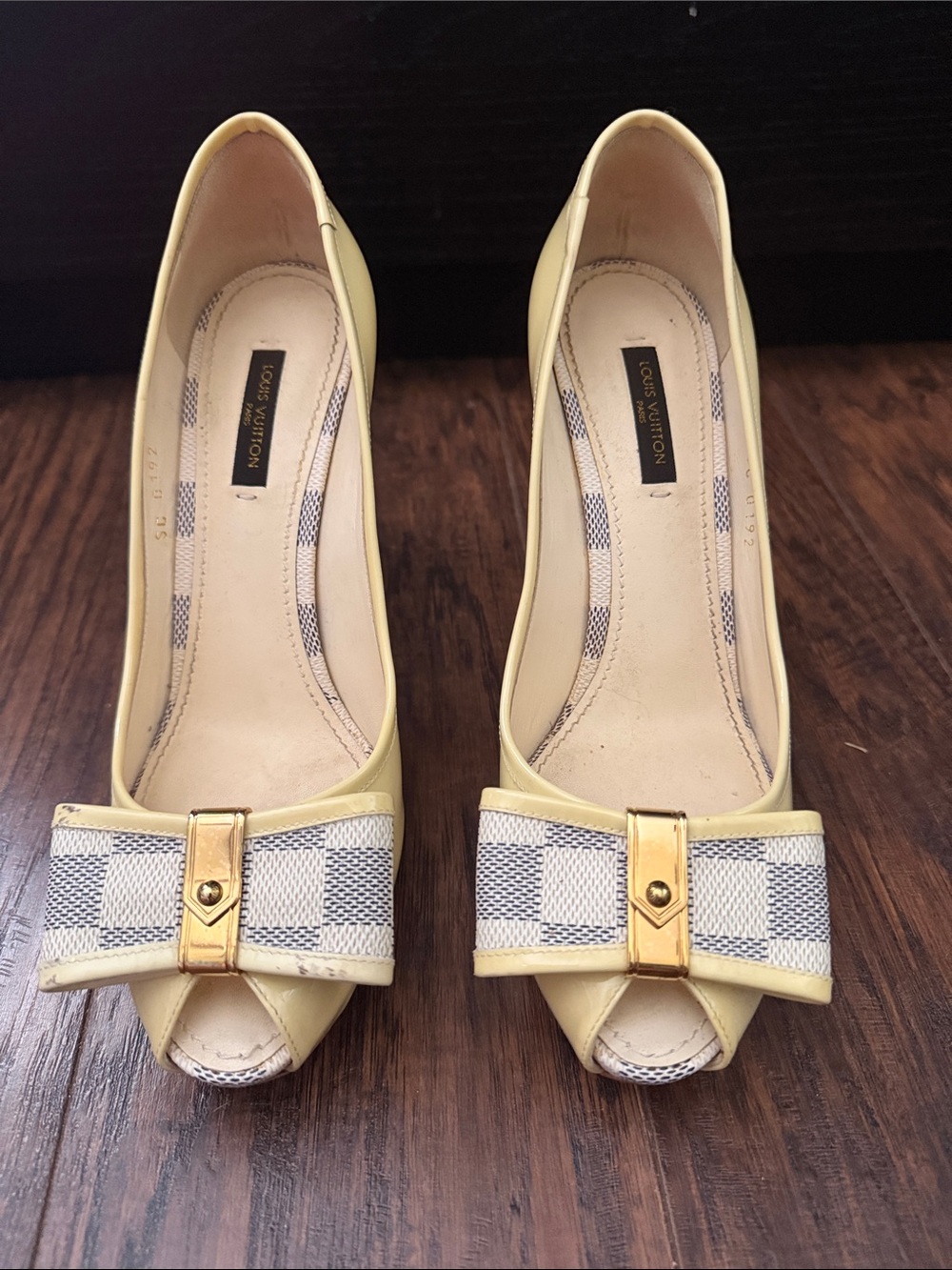Louis Vuitton Pale Yellow Peep-Toe Pumps with Bow and Gold Accent